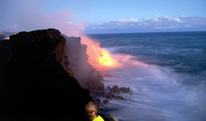 Lava from the Kilauea volcano meeting the ocean