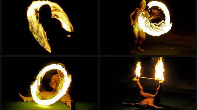 Four different pictures of Samoan fire knife dancers