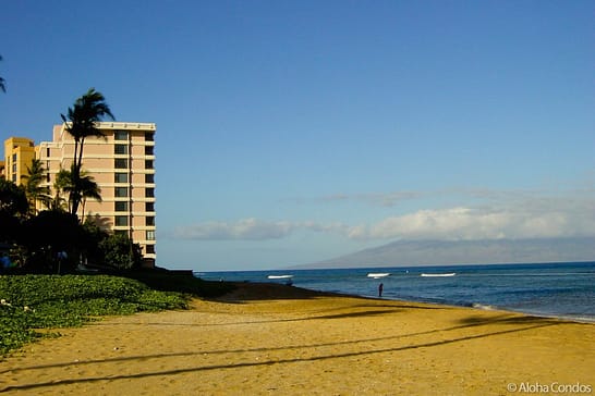 The Maui Kai Beach resort from the beach with the ocean to the right and a man standing in the water.